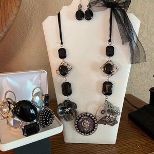 OOAK "Reinvented" Handcrafted Black Stone and Faceted Necklace Set